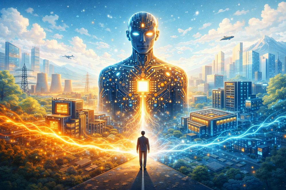 Infraestrutura tecnologica abstrata simbolizando poder, energia e decisao humana