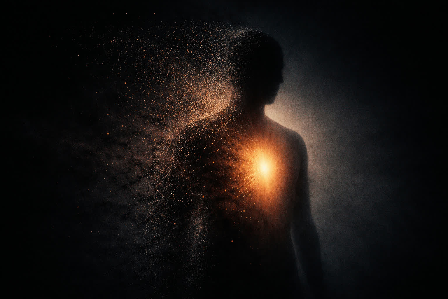 Figura humana parcialmente dissolvida na sombra, com luz suave a emergir do interior num fundo escuro