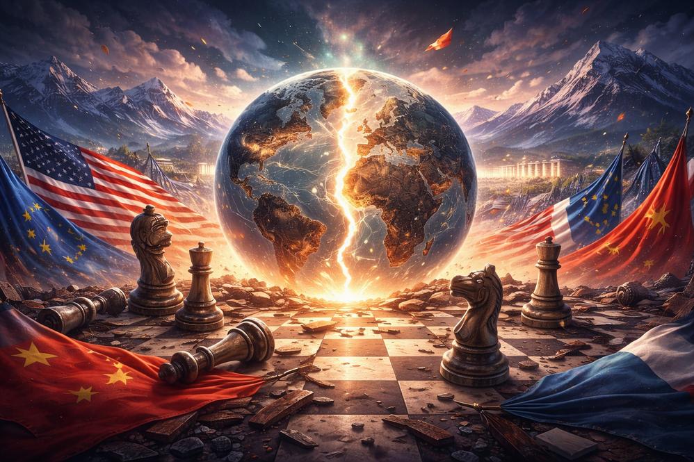 Cenario simbolico de transicao geopolitica e fim de uma ordem ilusoria