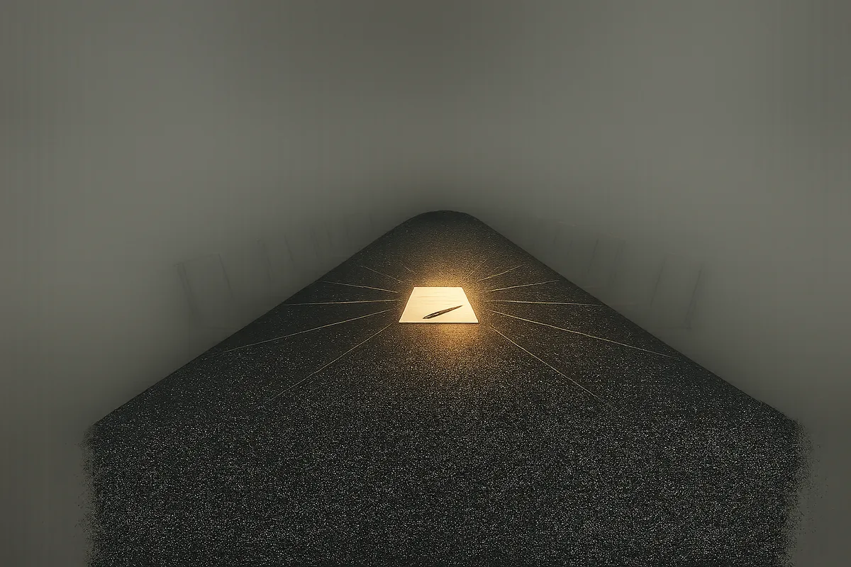 Um memorando iluminado ao centro de uma mesa de reunião, com linhas de luz a irradiar para os lugares em volta.