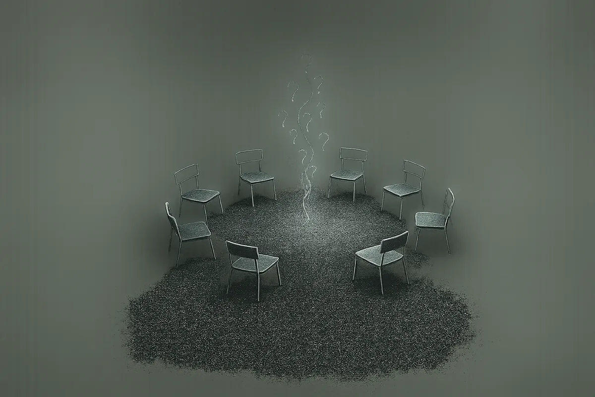 Um círculo de cadeiras vazias em torno de uma ténue espiral de luz, como numa sessão de discussão.