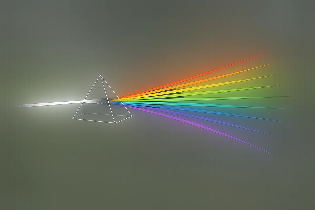 Um feixe de luz branca atravessa um prisma e abre-se em treze raios coloridos.