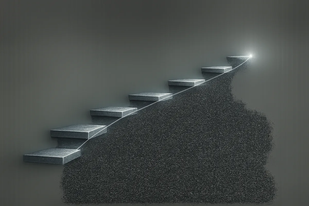 Uma escadaria de cinco degraus sobe da escuridão em direção a um ponto de luz.